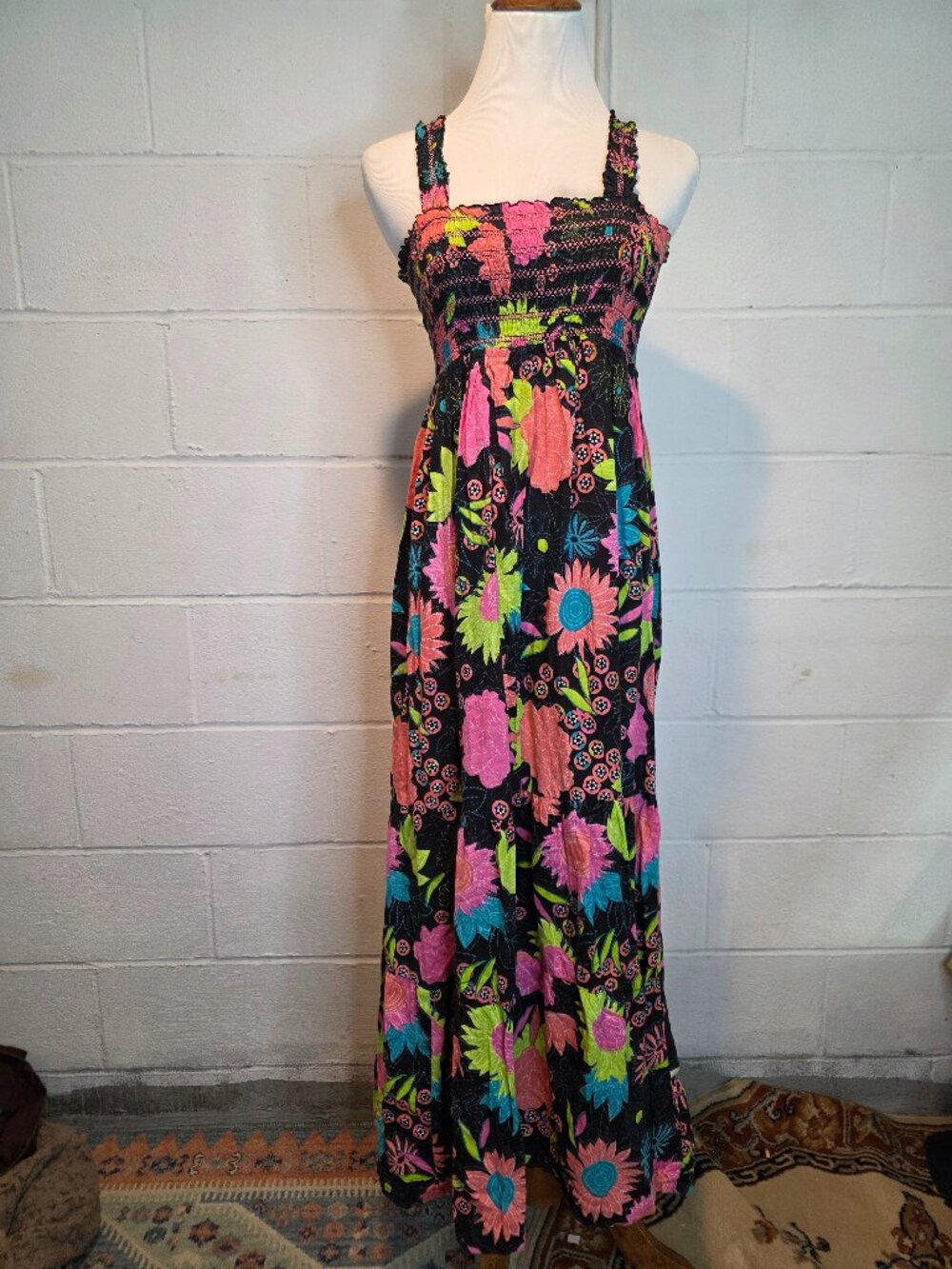y2k McBling Kidcore Indie Goth Alt Black Rainbow Floral Strappy Summer Dress
